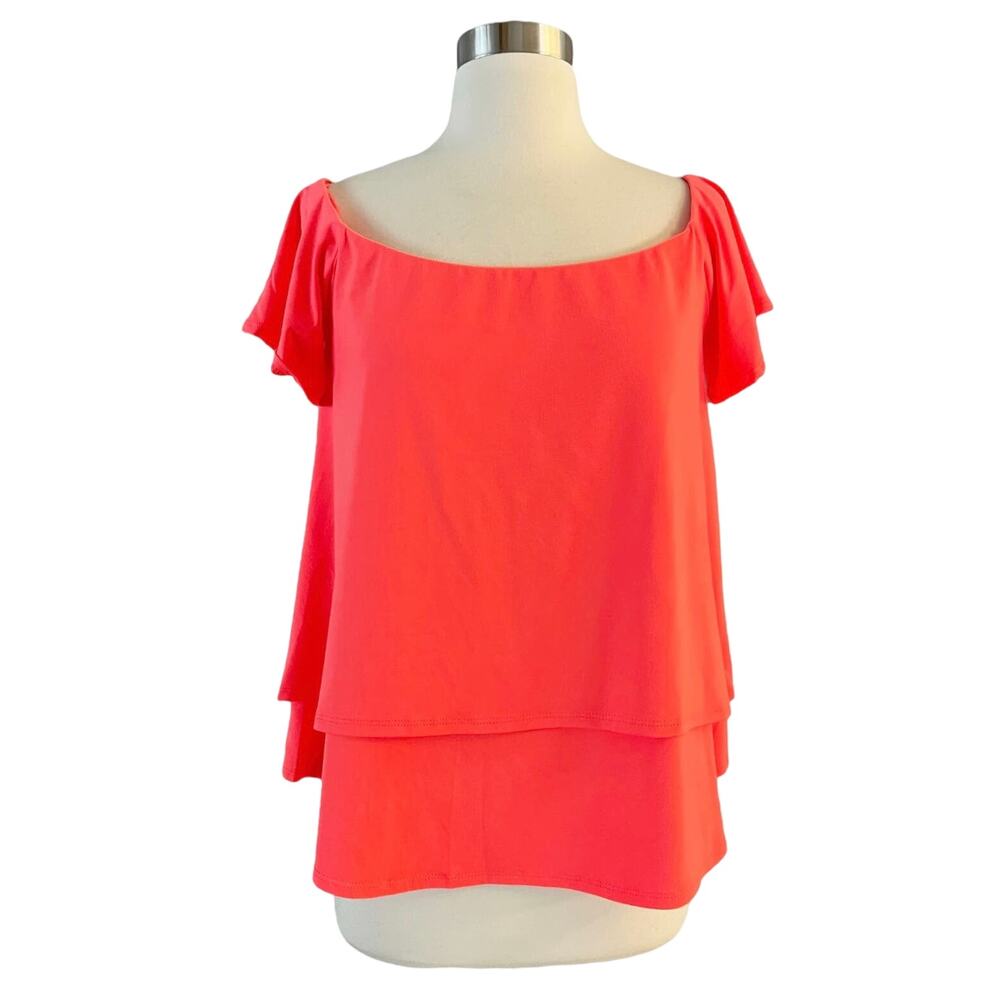 SUSANA MONACO Tunic Top Neon Orange Cap Sleeves Double Layer Fiery Coral Large